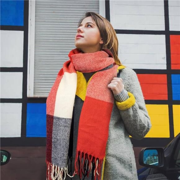 Womens Scarf Fashion Long Plaid Shawls Grid Winter Warm Red, Navy Lattice Design - Picture 5 of 6
